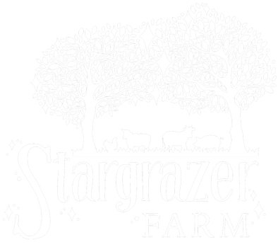 stargrazer farm logo with two trees lined with stars coming together above a chicken a sheep a cow and a pig